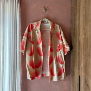 Zara Men’s Vintage-Style Beige Button-Up Shirt with Coral Red Spots